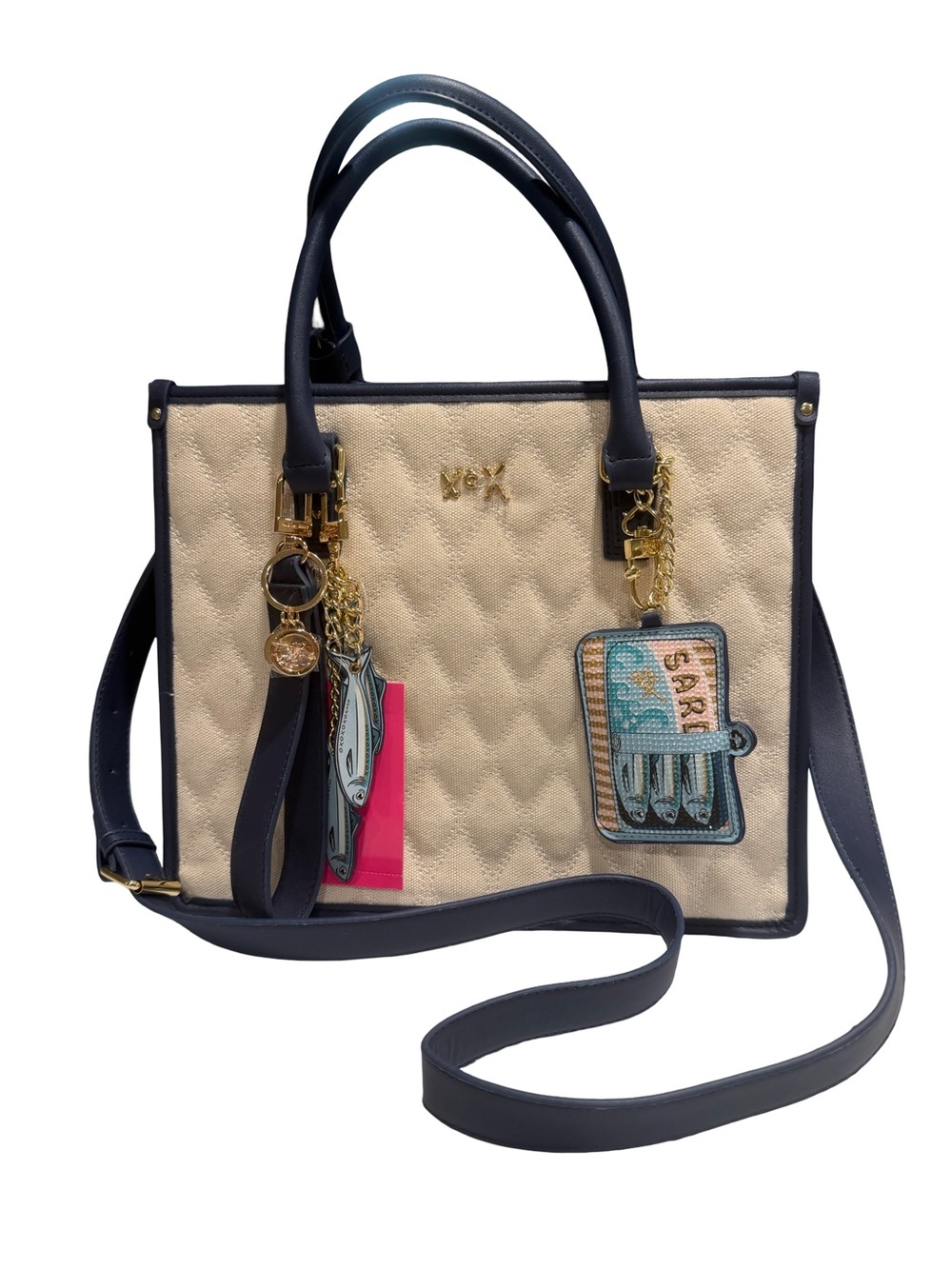 Betsey Johnson NWT Cream Quilted Navy Blue Trim Sardine Charm Crossbody Bag P243 - Picture 11 of 13